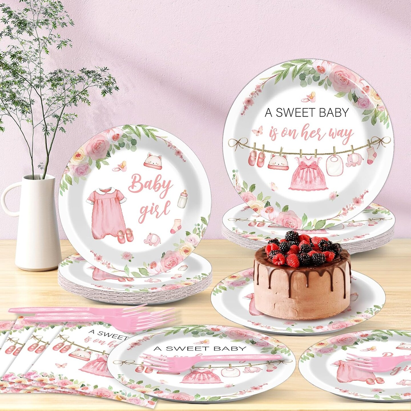 96Pcs Floral Baby Shower Tableware - Serves 24 Guests (Baby Girl)