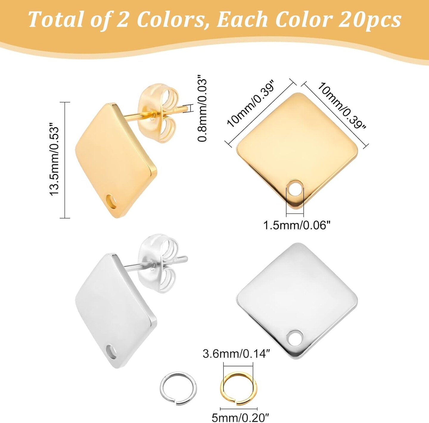 Rhombus Stud Earring 20 Sets Hypoallergenic Earring Post with Loop 0.8mm