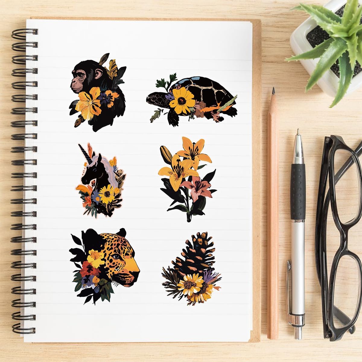 50 Pcs Vintage Boho Nature Scrapbook Stickers (Black Wildlife) 2.1 x 1.8 x 0.04 inches