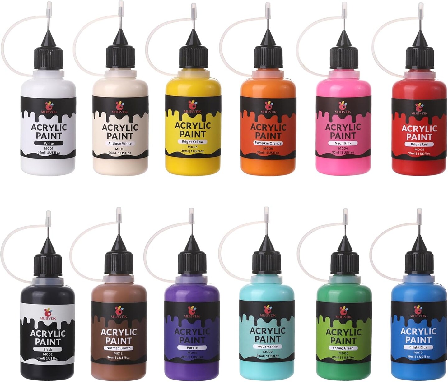 1oz Pack of 12 Matte Acrylic Paint Set with Precision Applicator Cap