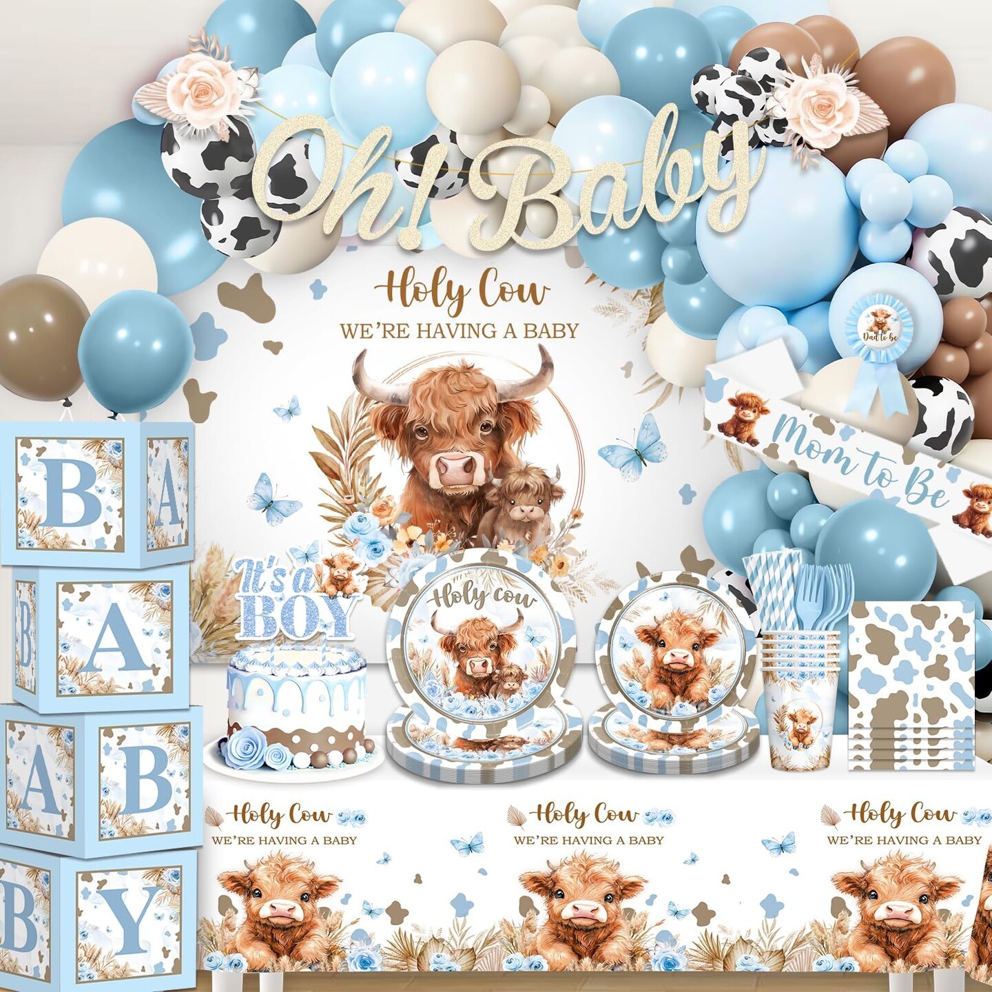 241pcs Highland Cow Baby Shower Decorations, Package Includes 40 Plates 2 Tablecloths 1 Sash and 1 (Blue and White)