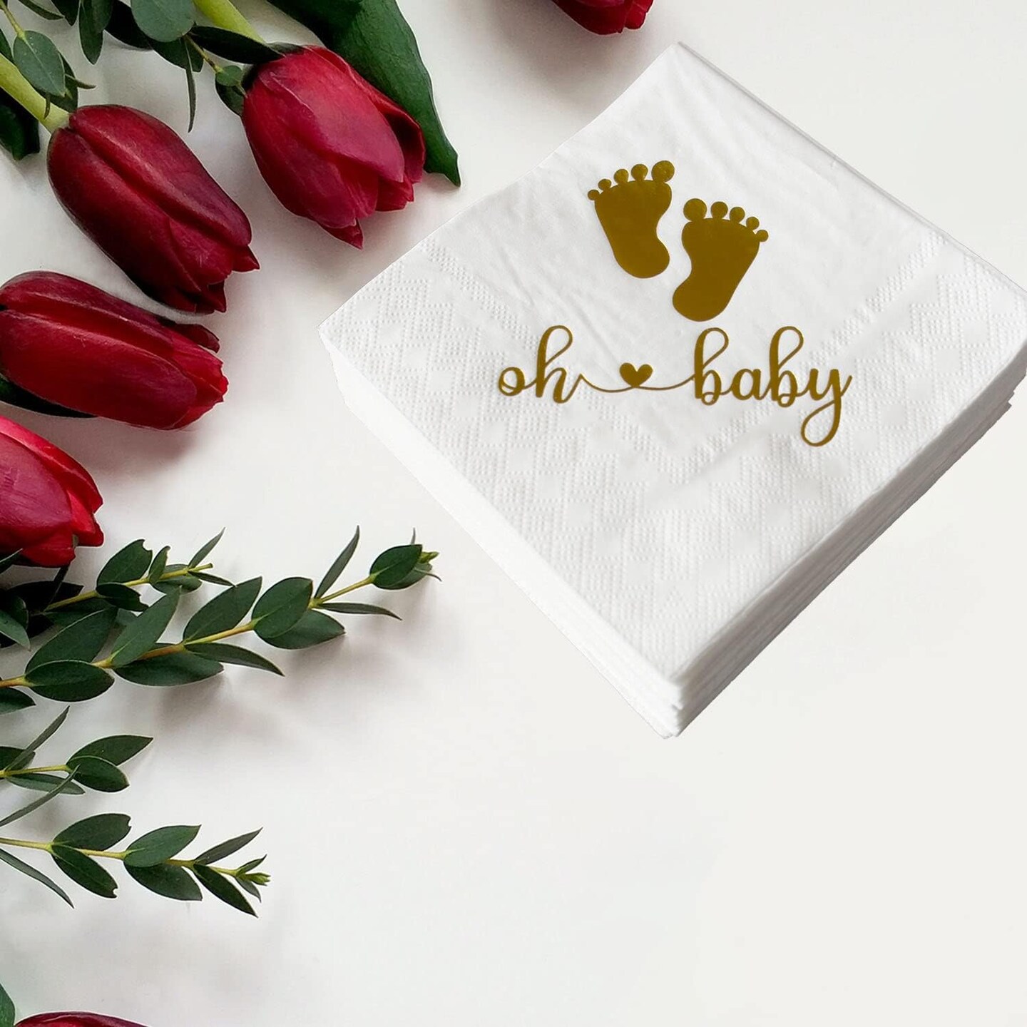 Pack of 50 Baby Shower Oh Baby Napkins 3 Ply (White & Gold) 10 x 10 inches