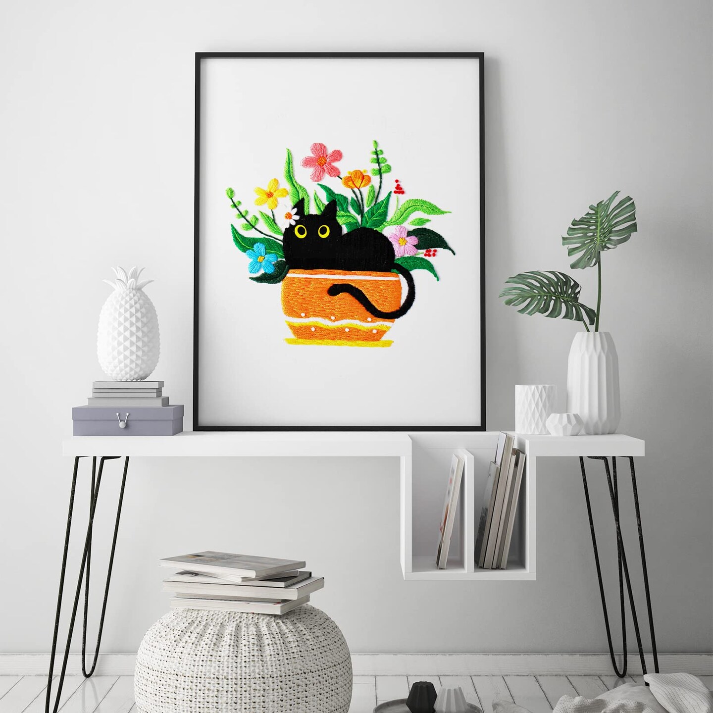 Embroidery kit with Cat Plant Stamped for Starters, Cross Stitch Kits for Beginners Adults, Include Embroidery Cloth, Hoop,Needles,Instruction and Threads