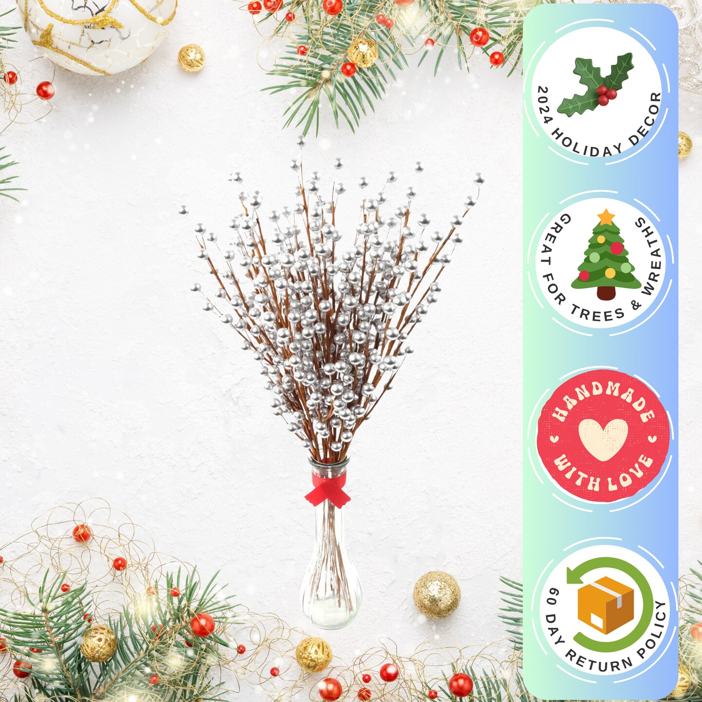 Set of 48 Silver Holly Berry Stem Picks - 19&#x22;