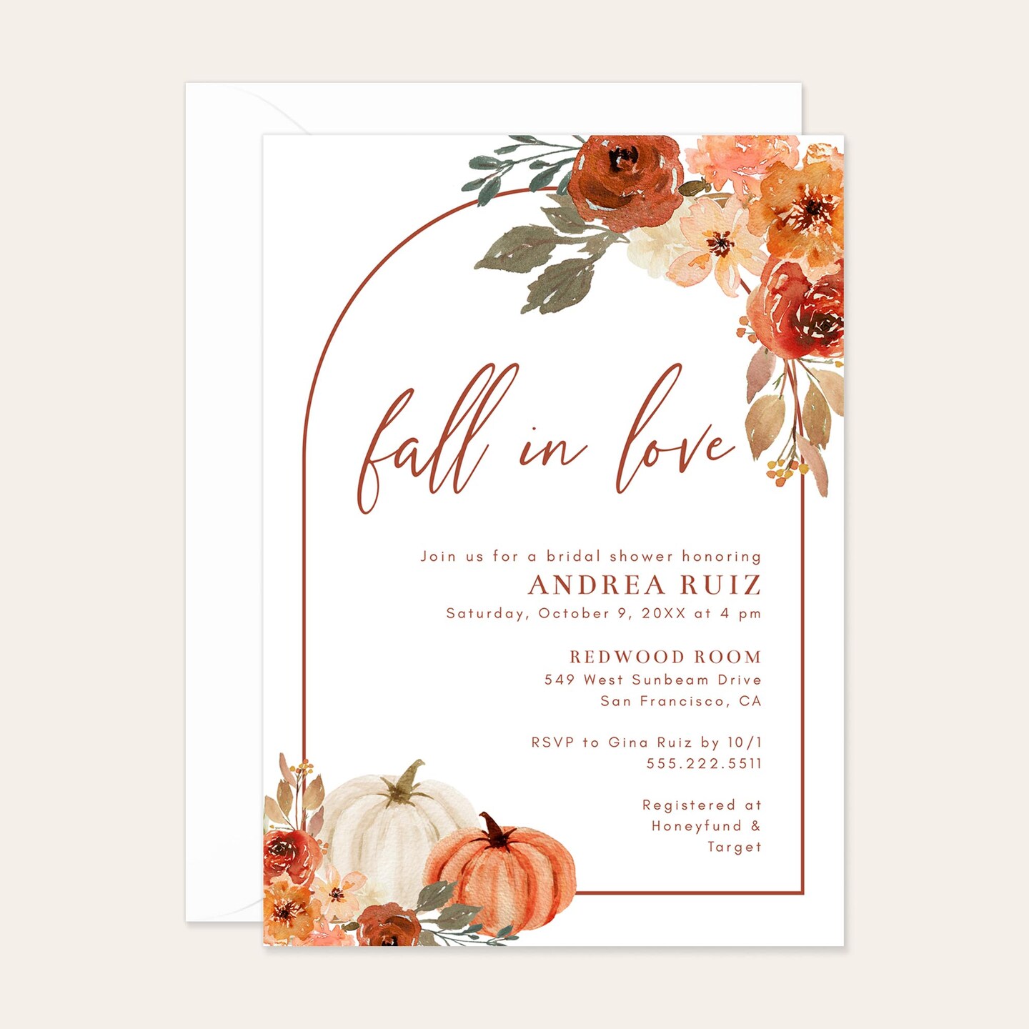 Fall In Love 5x7 Bridal Shower Invitation with Envelopes, Boho Arch with  Fall Floral and Pumpkins | MakerPlace by Michaels, image size:1080x1080