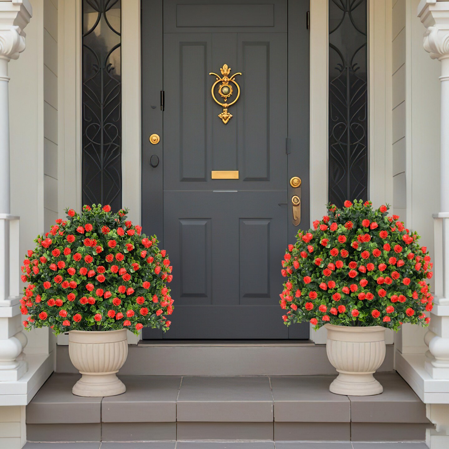 Red Artificial Rose Topiary Ball Plants Set of 2 with Cement Pots and UV-Resistant