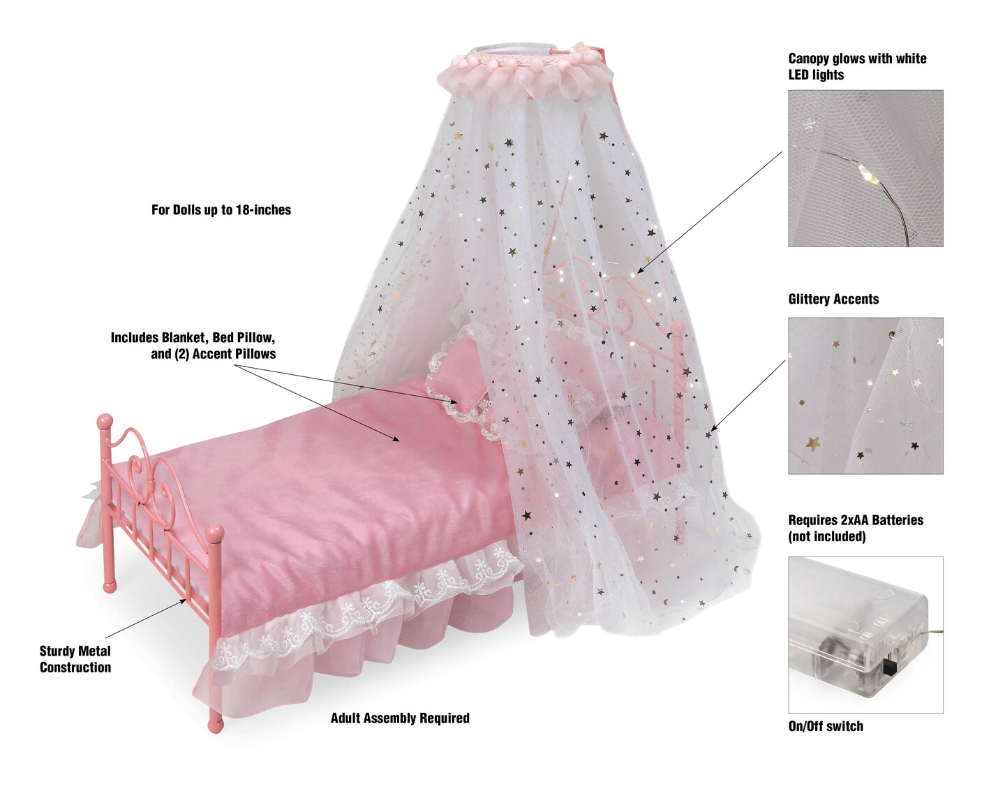 Badger Basket Starlights LED Canopy Metal Doll Bed with Bedding - Pink