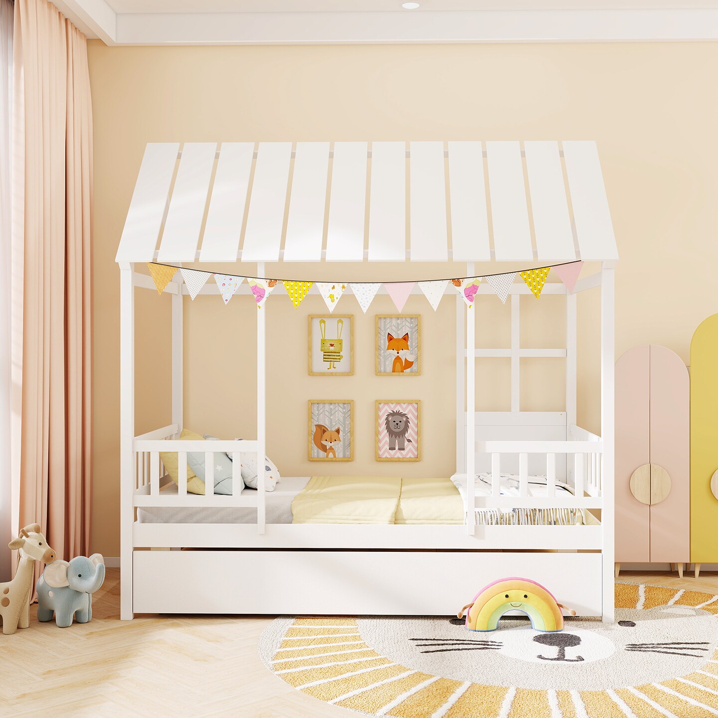 Kids&#x27; White House Bed with Trundle Sturdy Pine Wood and Safe Sleep Design Fun and Practical Bed for Children