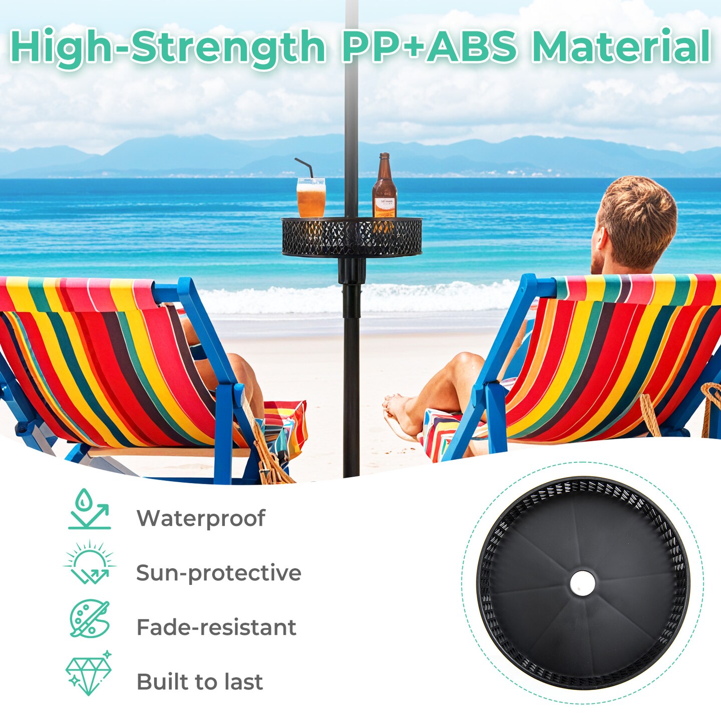 Black Patio Umbrella Table Tray with 3 Adapters for 1.26-1.5" Poles
