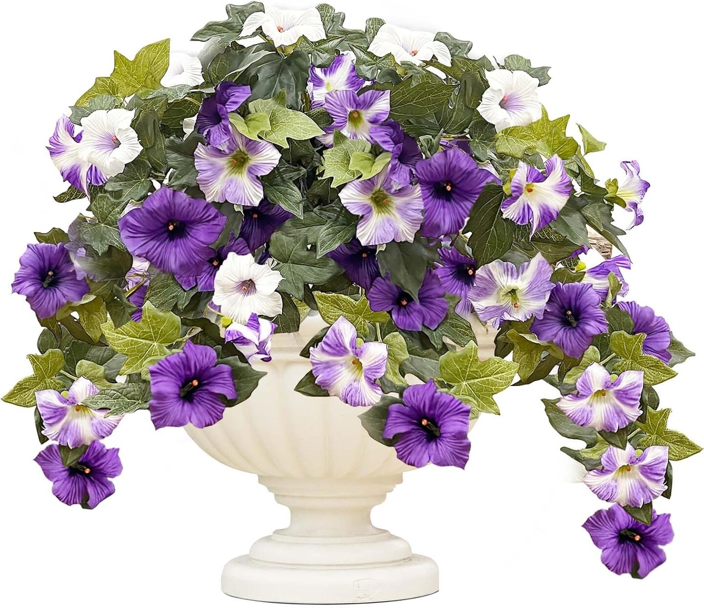 2Pack Artificial Hanging Flowers,24 Heads Silk Morning Glory Flowers(Purple,White)