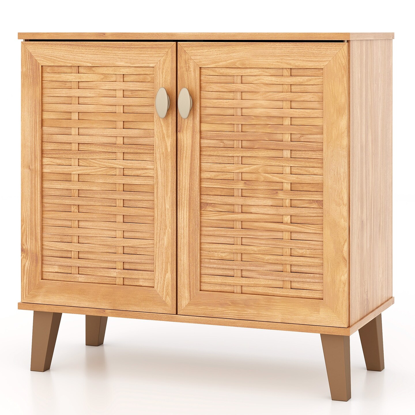 Teak Engineered Wood Shoe Storage Cabinet with Ventilated Doors and Removable Shelves
