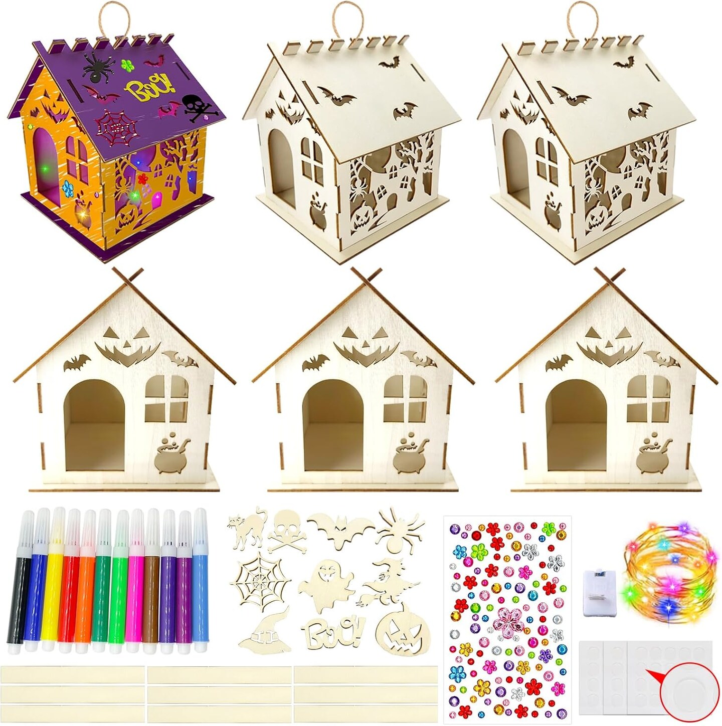 6 Set Halloween Craft Kit&#xFF0C;DIY Wooden Halloween Castle House Craft Kit