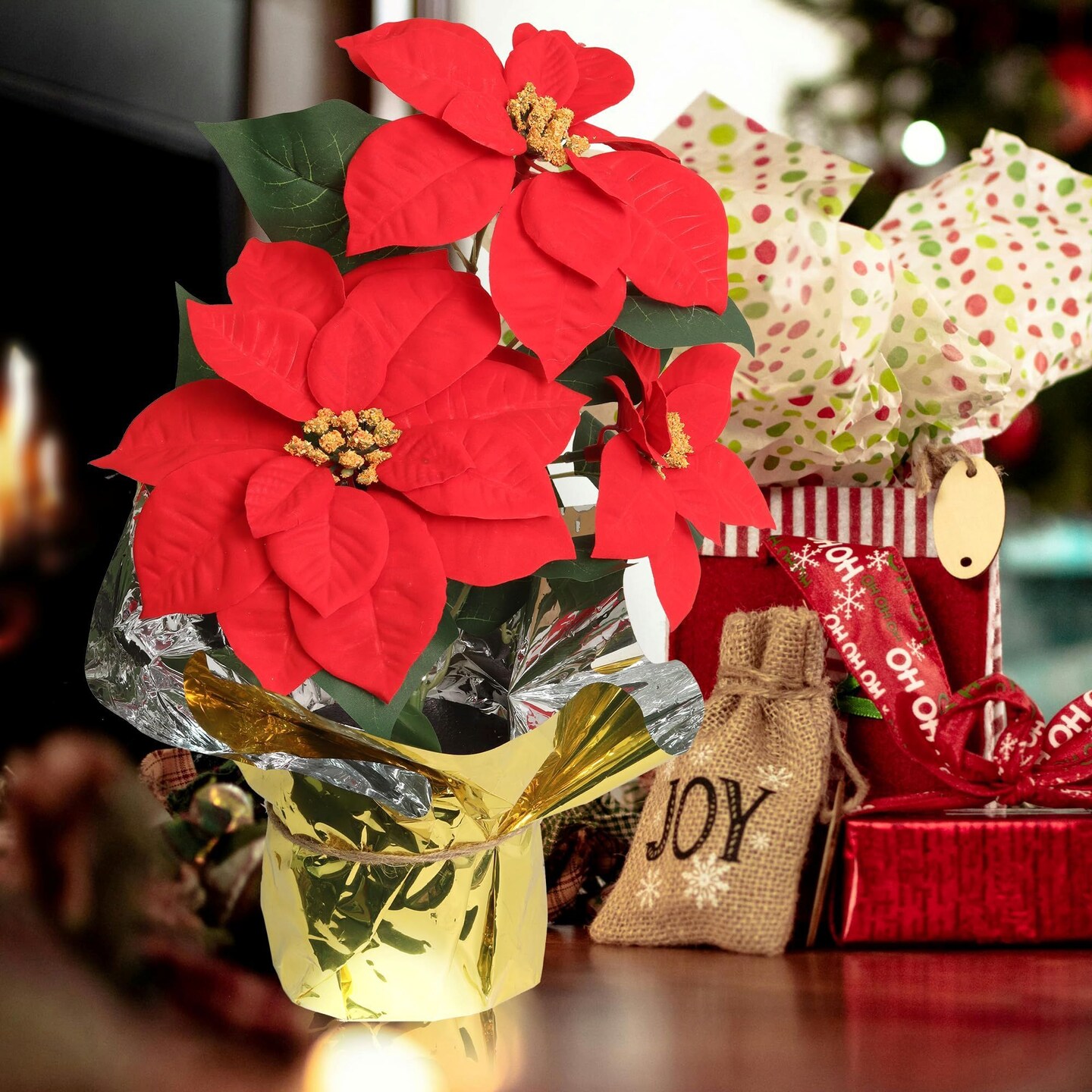 6-Pack Red Velvet Poinsettia Bush with 3 Silk Flowers in Gold Foil Pot - Lifelike Holiday Decor | Elegant Centerpiece for Tabletop &#x26; Mantel | Perfect Festive Christmas Accent - 2024 Christmas Collection, Floral Home by Artificial Flowers