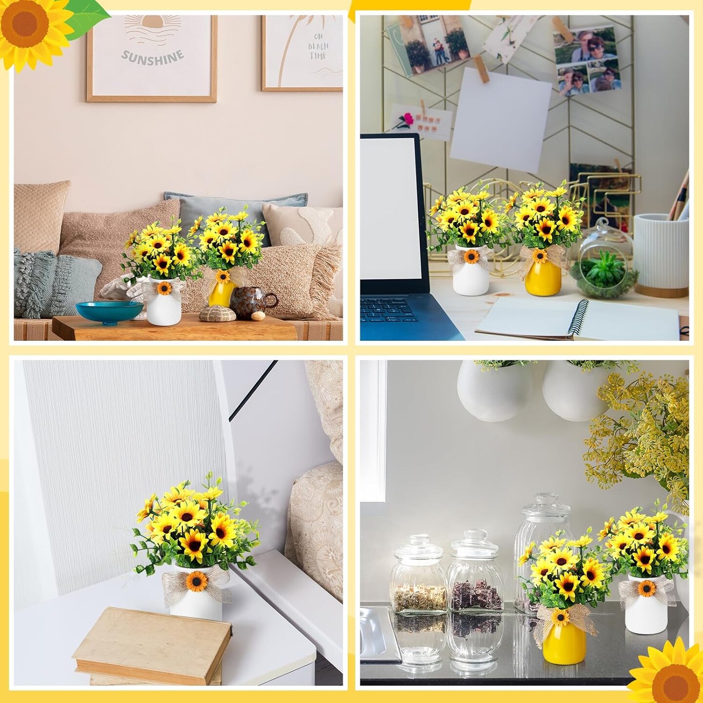 (2 Pcs) Artificial Fake Flowers with Vase Decoration (White, Yellow, Green) 2.5"D x 2.5"W x 3.2"H