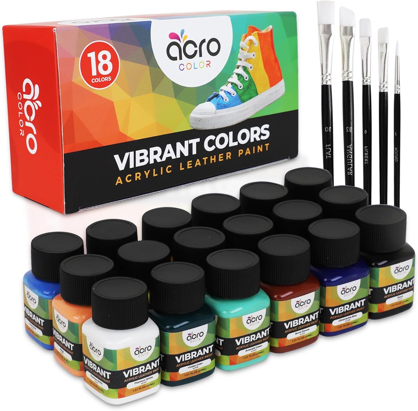 Acrylic Leather Paint - 18 Color with 5 Paint Brushes (Vibrant - 18 Colors)