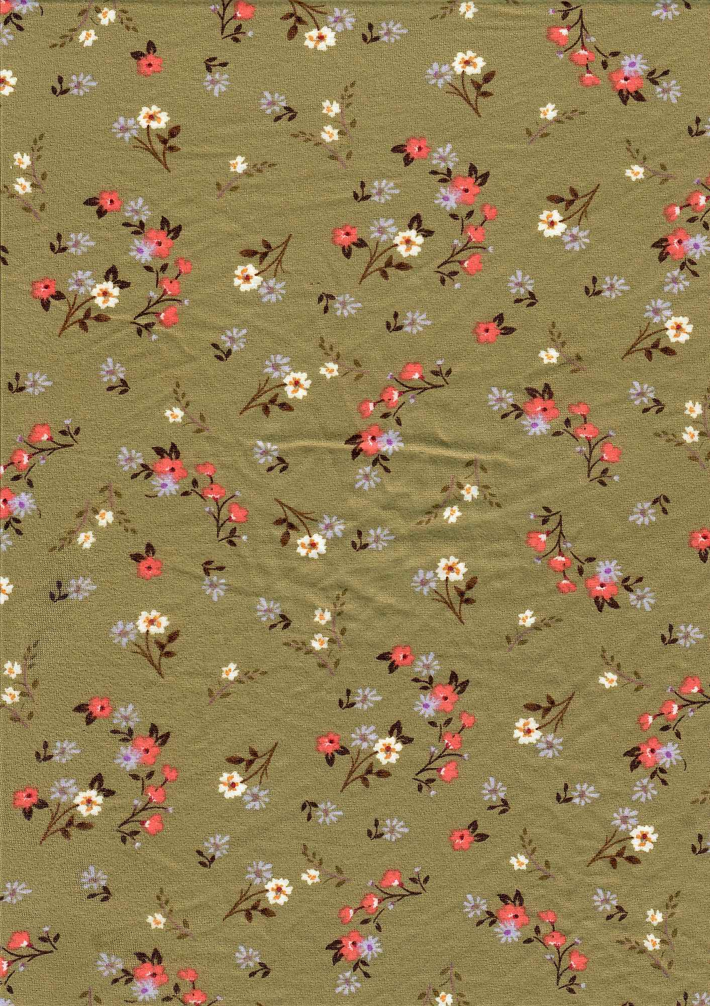 1 Yard Olive Vintage Ditsy Floral DTY Brushed Knit Fabric Soft Stretch 58/60 Inches Wide