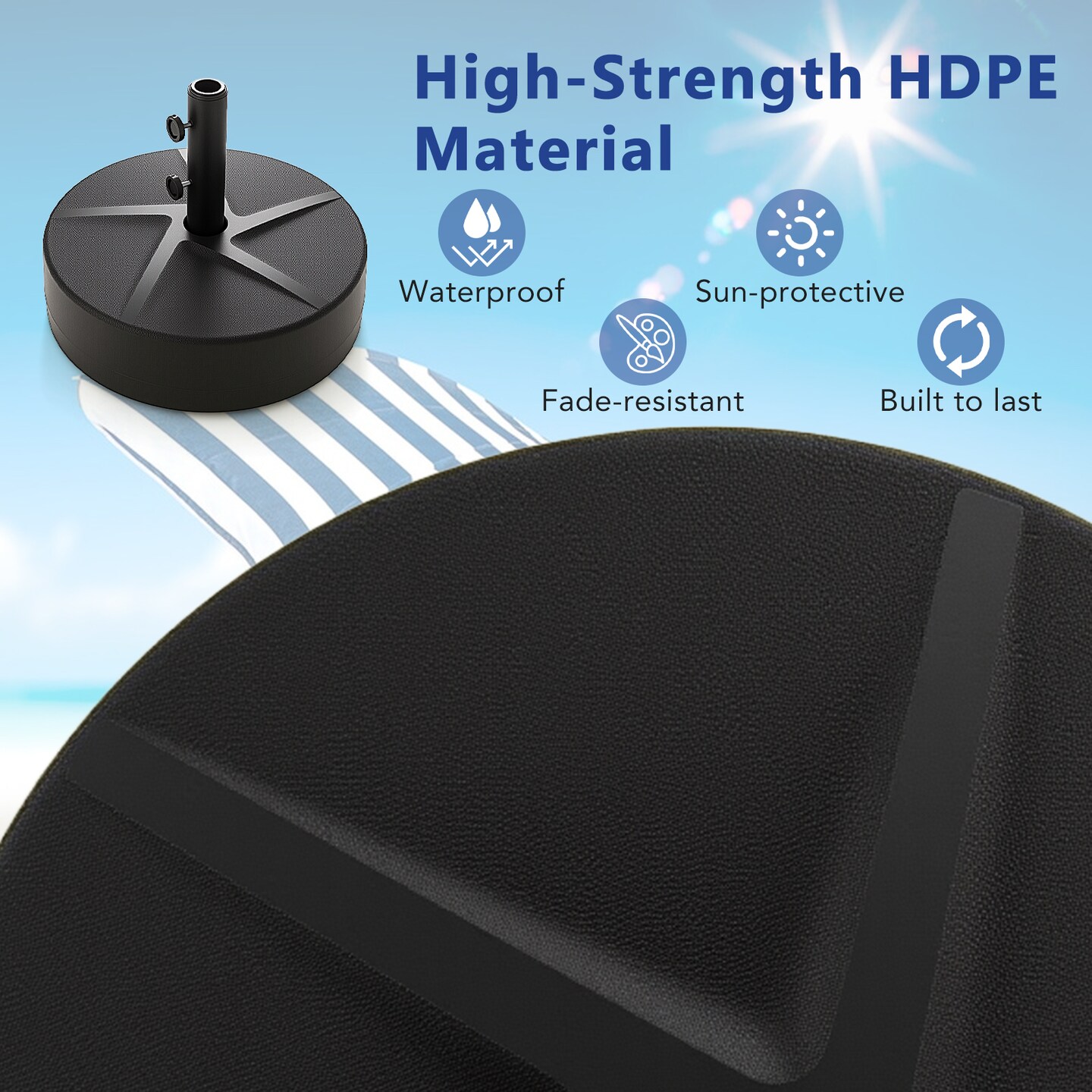 Black Patio Umbrella Base with Metal Pole and Refillable Water Sand Reservoir