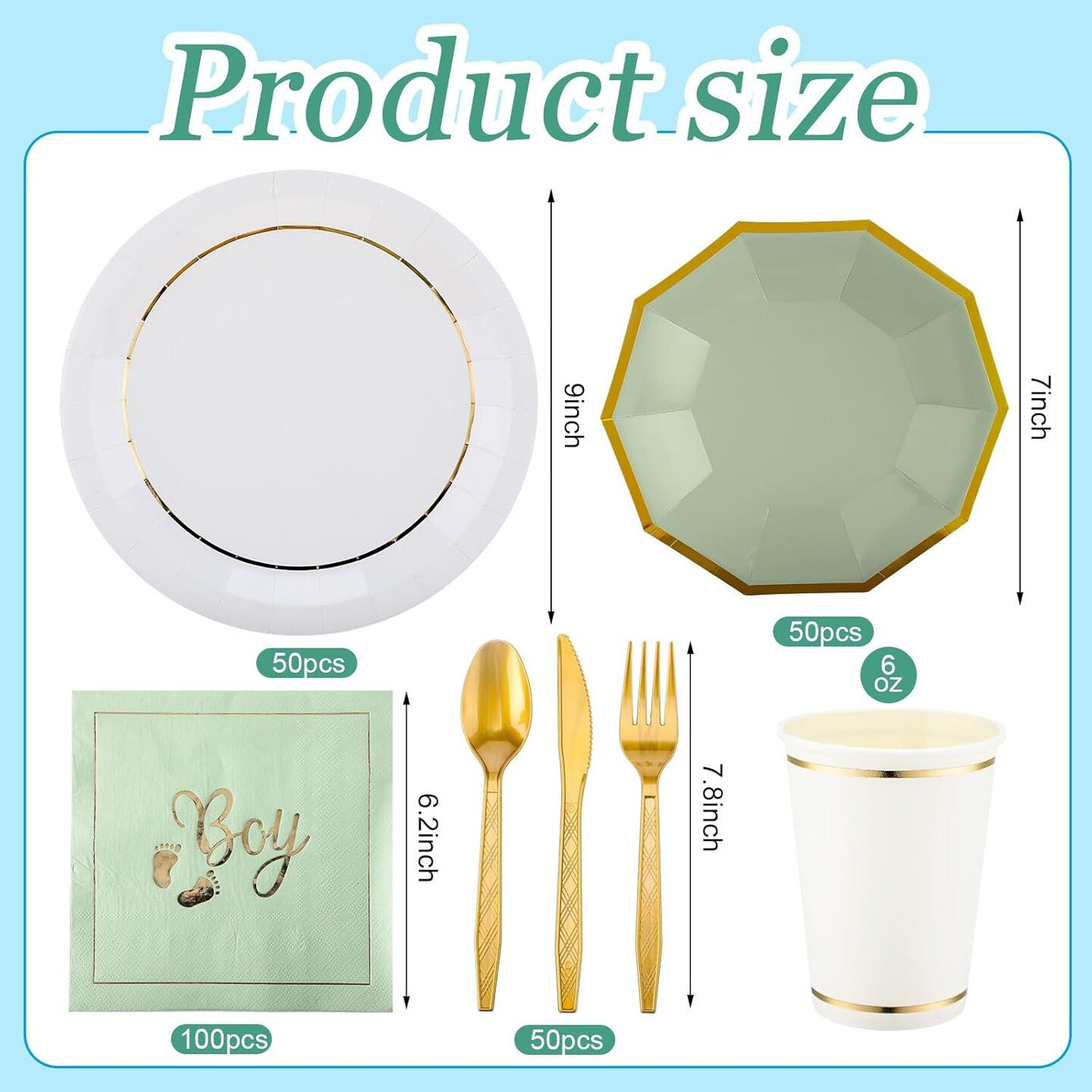 400 Pcs Baby Shower Dinnerware for 50 Guest Baby Shower,(Green,Baby Boy)