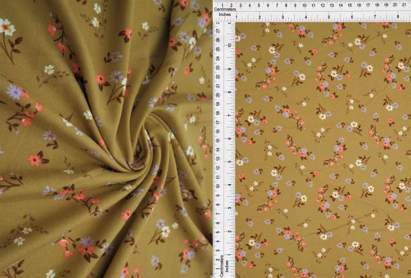 1 Yard Olive Vintage DTY Ditsy Floral Print Olive Vintage Fabric Polyester Spandex Brushed Stretch Knit 58/60 Inches Wide