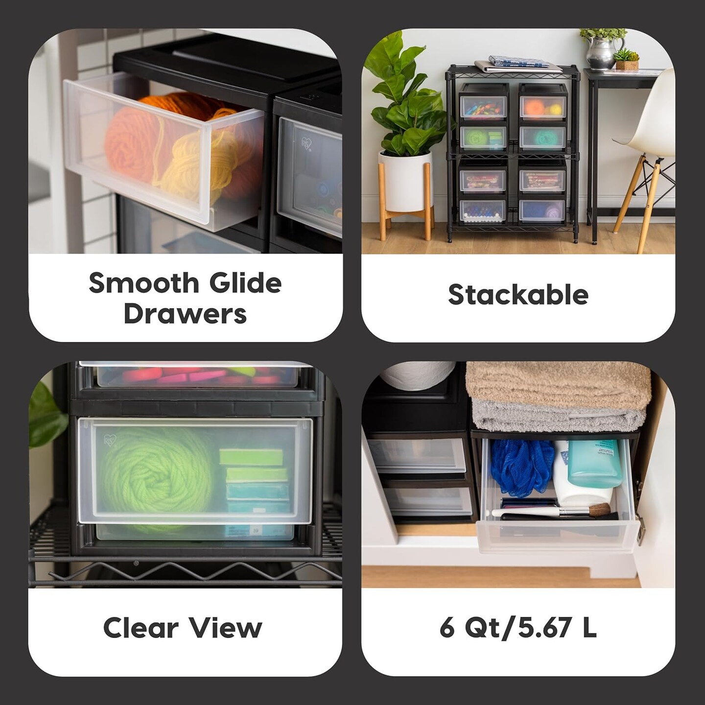 4-Pack 6 Qt. Plastic Drawer Storage Organizer