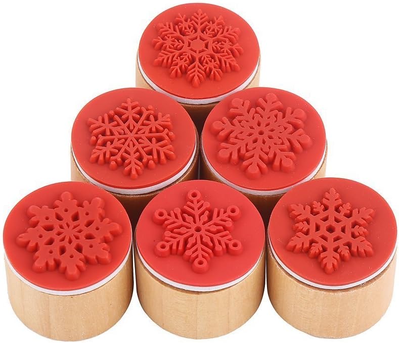 6-Pack Snowflake Floral Wooden Rubber Stamps – Round Winter Craft Stamps for Card Making, Scrapbooking, DIY Holiday Decorations, Wedding Invitations