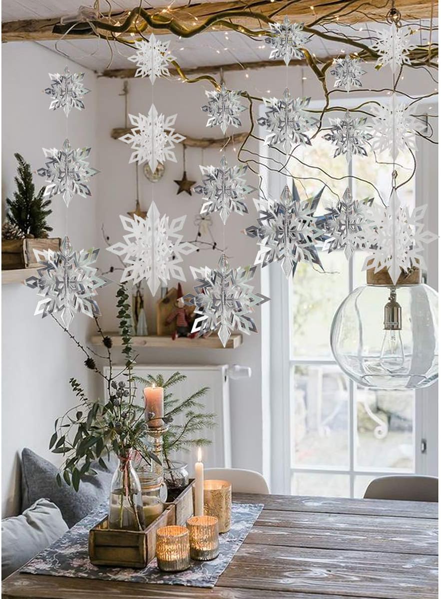 3D 3 Size Hanging Snowflakes Ornaments - Silver-White 18pcs
