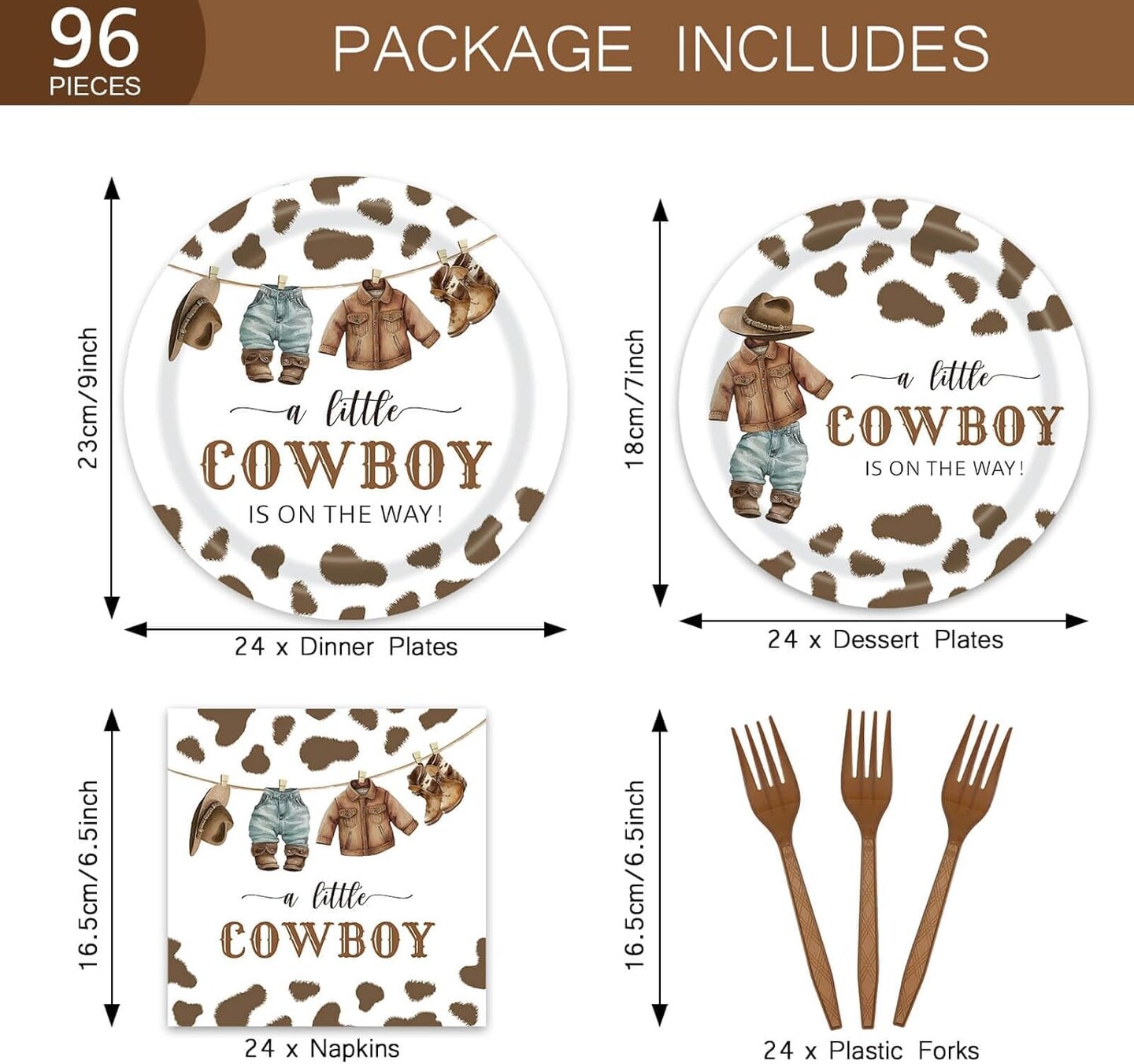 96 Pcs Western Cowboy Baby Shower Tableware - 24 Guests (Mixed Animal Print Colors)
