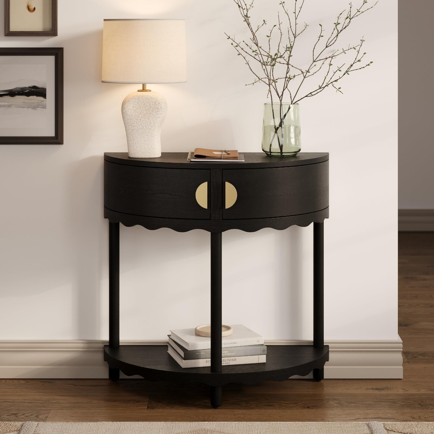 Scalloped Skirt Half Moon Console Table - Small Entry Desk  with Storage for Narrow Spaces - Modern Home Decor - Living Room Furniture - Solid Wood Entryway Table with Two Doors (Blackened Oak)