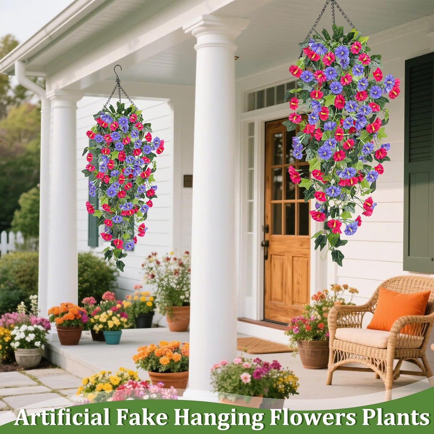 2PCS Artificial Fake Hanging Flowers Plants (Purple + Fuchsia) 1.57"D x 1.57"W x 34"H