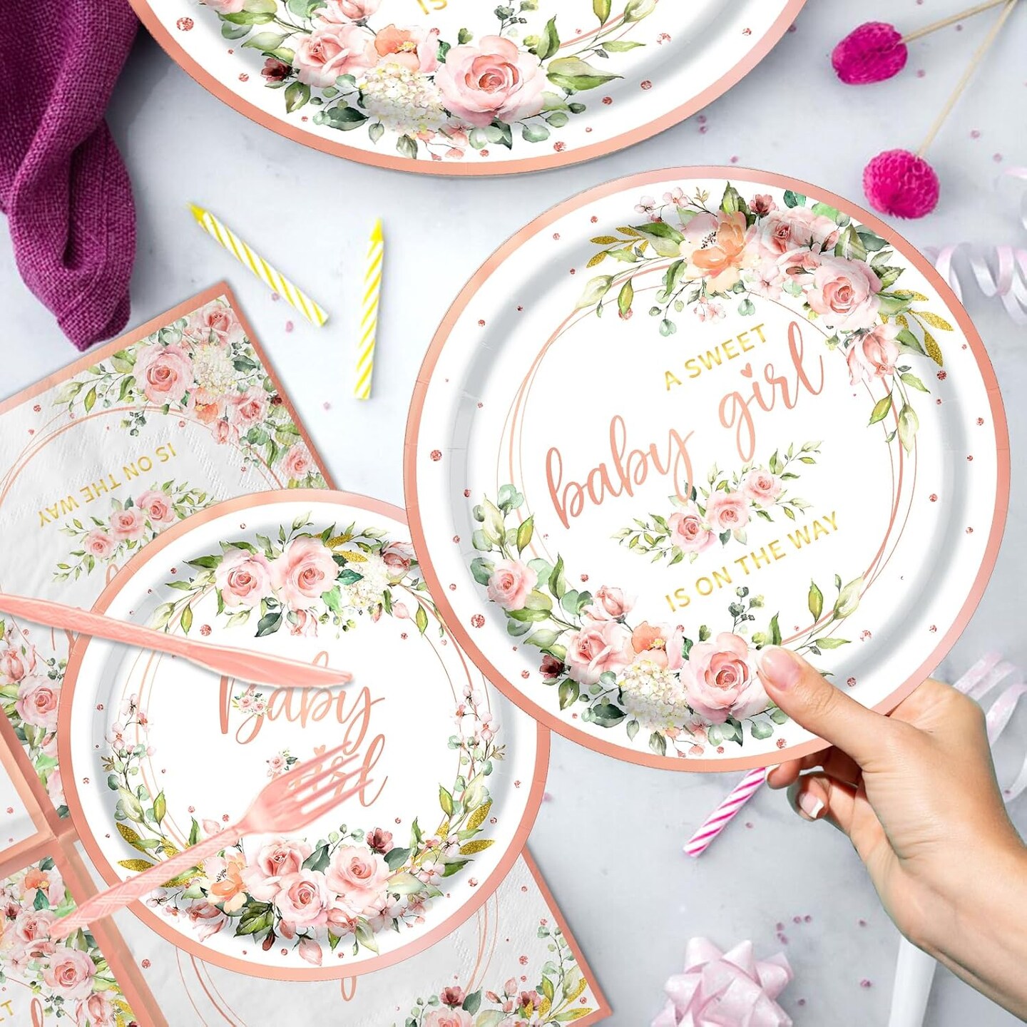 Rose Gold Baby Shower Plates and Napkins Pink Floral Baby Shower Plates Napkins Cups Banner