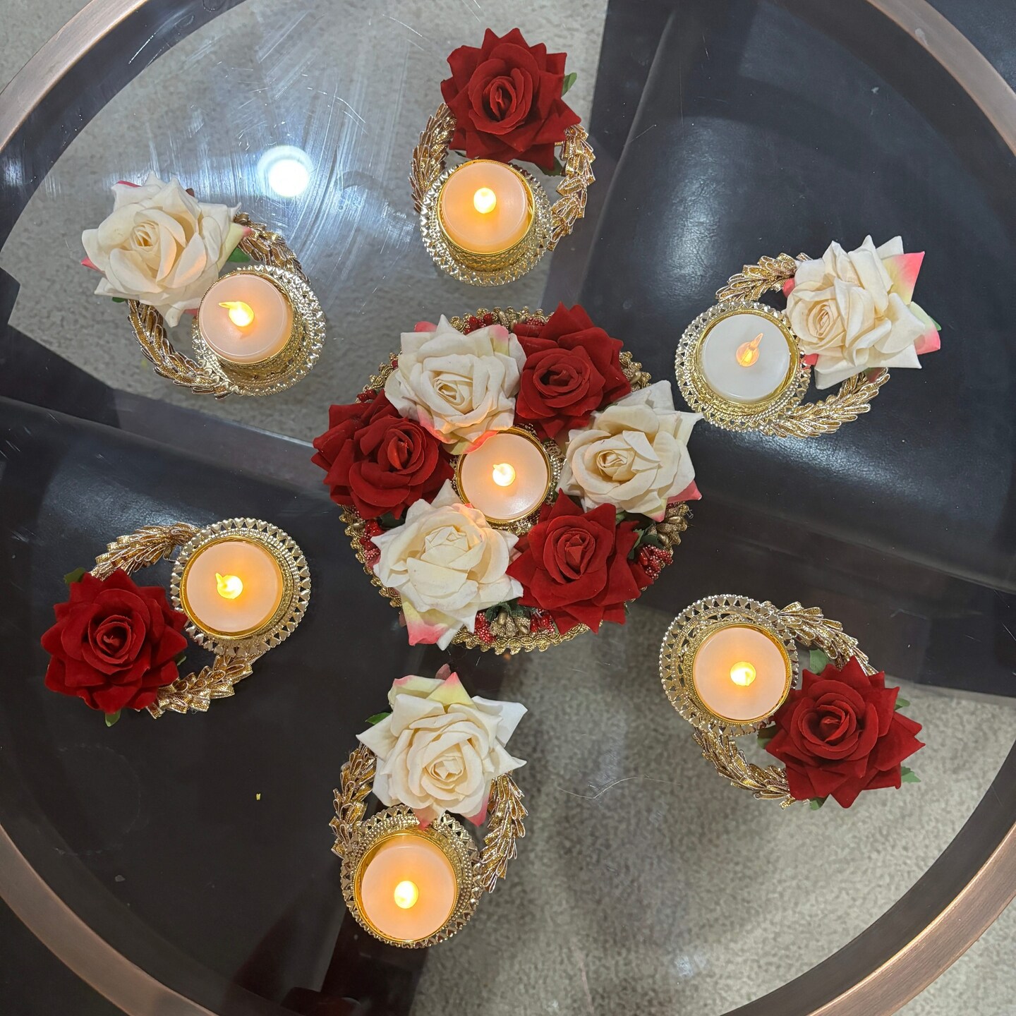 Rose Tea Light Candle Holder Diwali Decoration Rangoli Candle Holder Onam Pongal Rangoli Floor Decor Centerpiece Tealight Festive Decor Indian Return Housewarming Deepavali Gifts (set of 7)