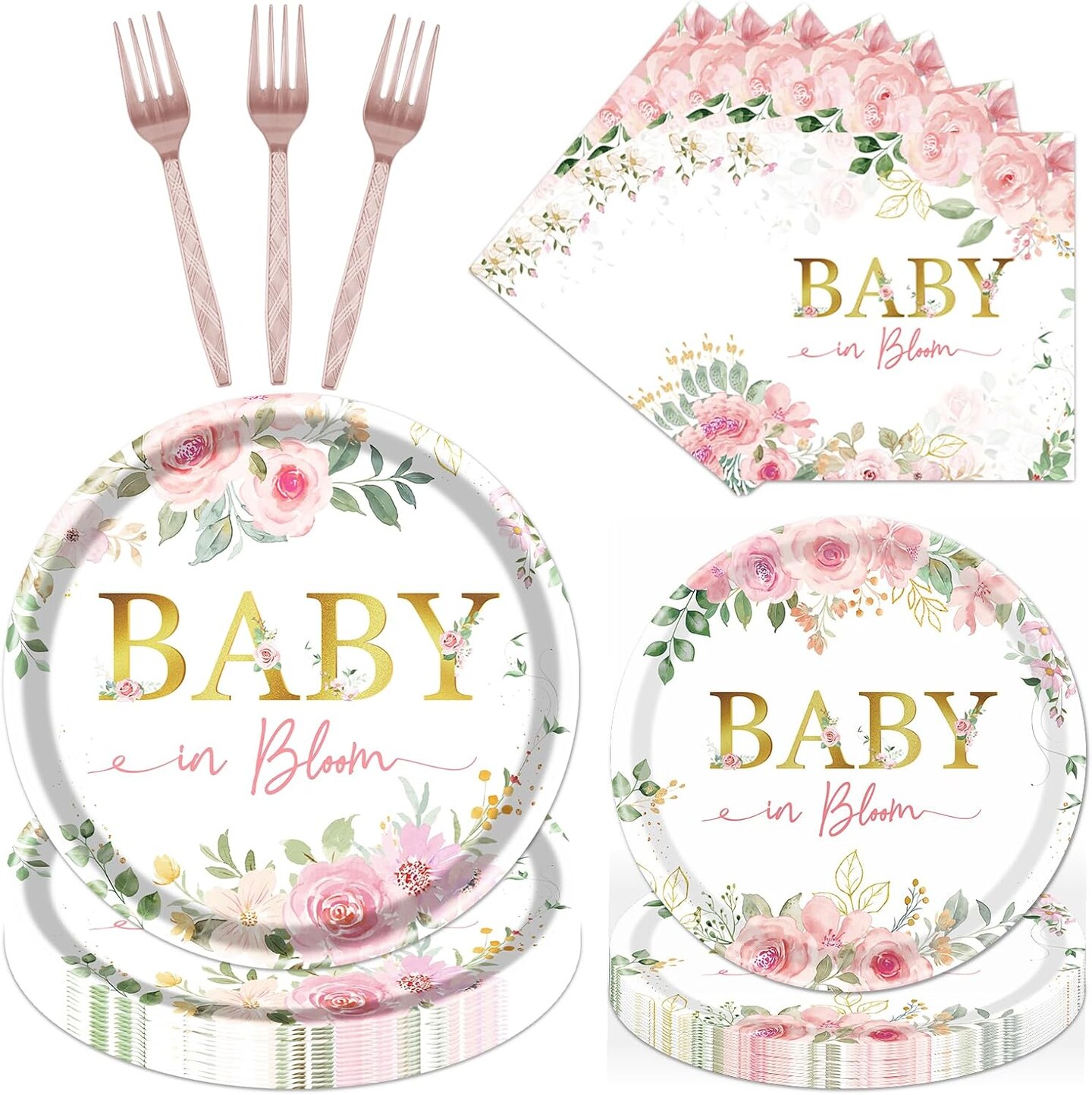 Baby in Bloom Baby Shower Decorations, 96PCS Spring Floral Party Plates Napkins and Forks Set Supplies, Flower Disposable Paper Tableware for Girls Serves 24