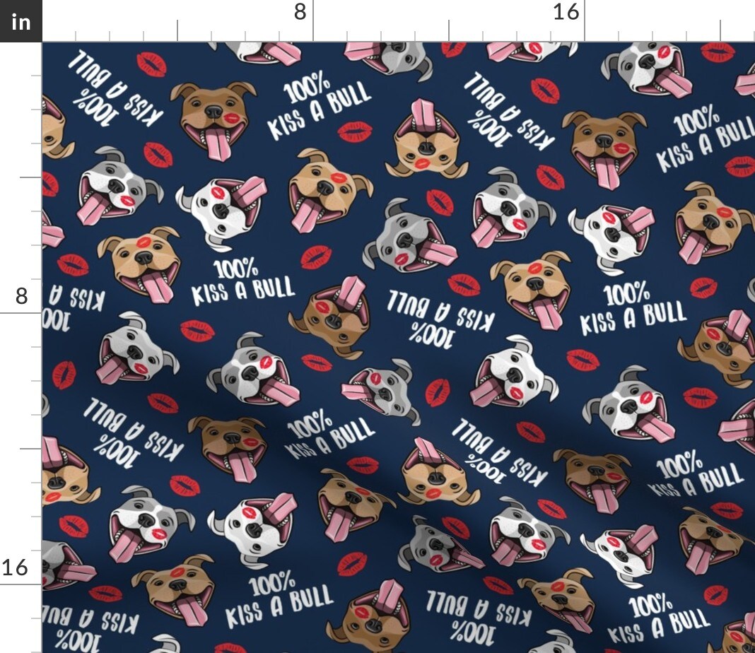 Kiss Bull Dog Lips Love Red Blue Breed Dogs Pitbulls Custom Printed Fabric by Spoonflower Various Fabrics by the Yard or Fat Quarter