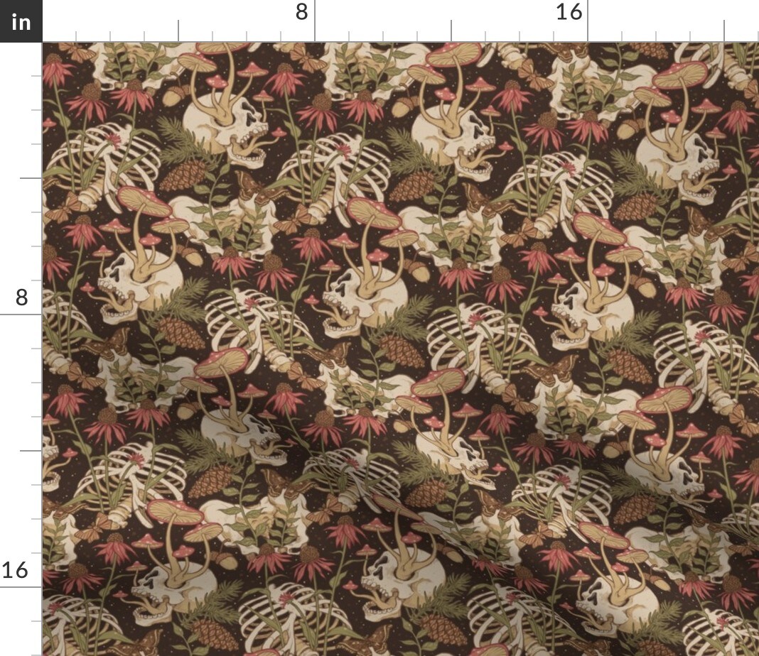Whimsigoth Forest Dark Floral Cabincore Mushrooms Skeleton Moody Hidden Witchy Horror Death Custom Printed Fabric by Spoonflower Various Fabrics by the Yard or Fat Quarter