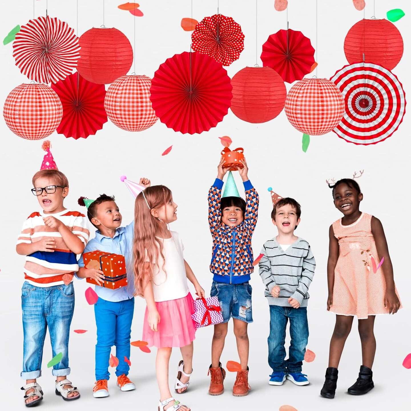 15Pcs Red Party Decorations Supplies Set, Hanging Red Paper Lanterns Paper Fans