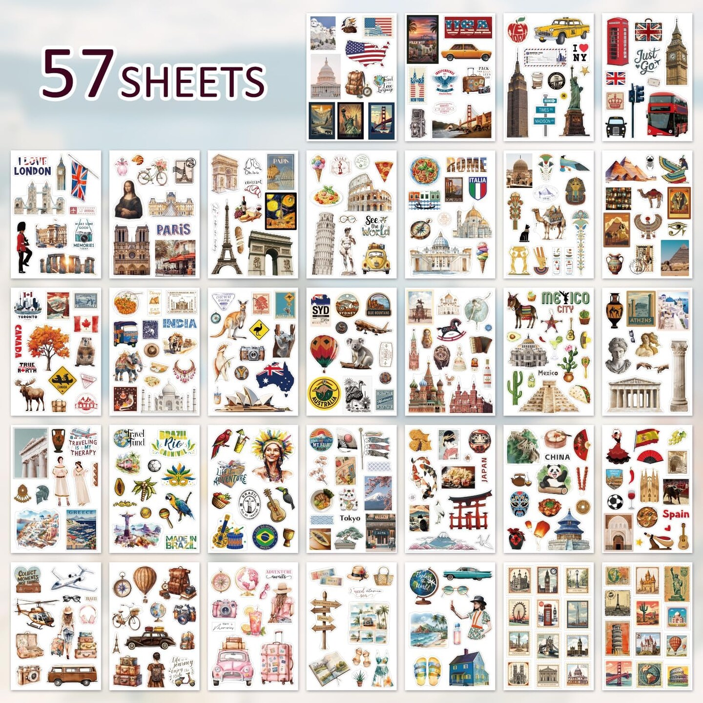 57 Sheets Vintage Travel Scrapbook Sticker Book (Brown Travel) 8.3 x 6 x 0.4 inches
