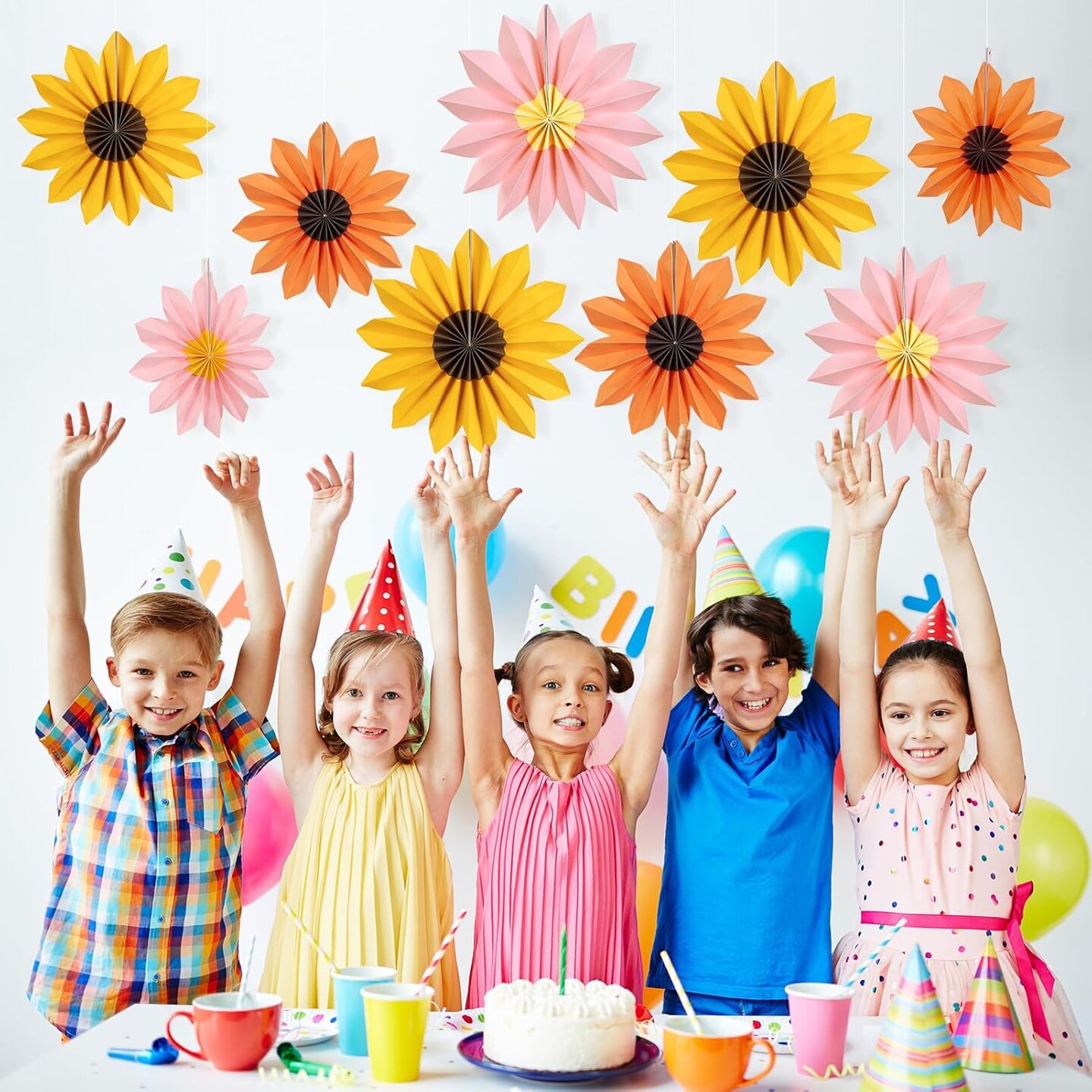 Sunflower Party Decorations Paper Fans Board Decor Summer Orange Pink Sunflower Decor Yellow Hanging Fans Flower Garland