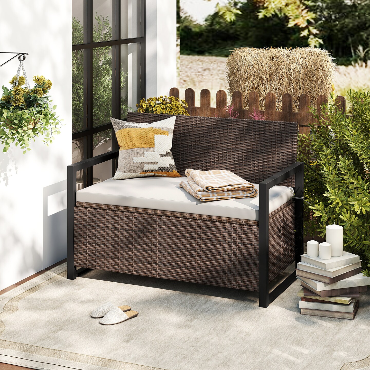 Patio Storage Bench with Cushion and 40 Gallon Under-seat Compartment