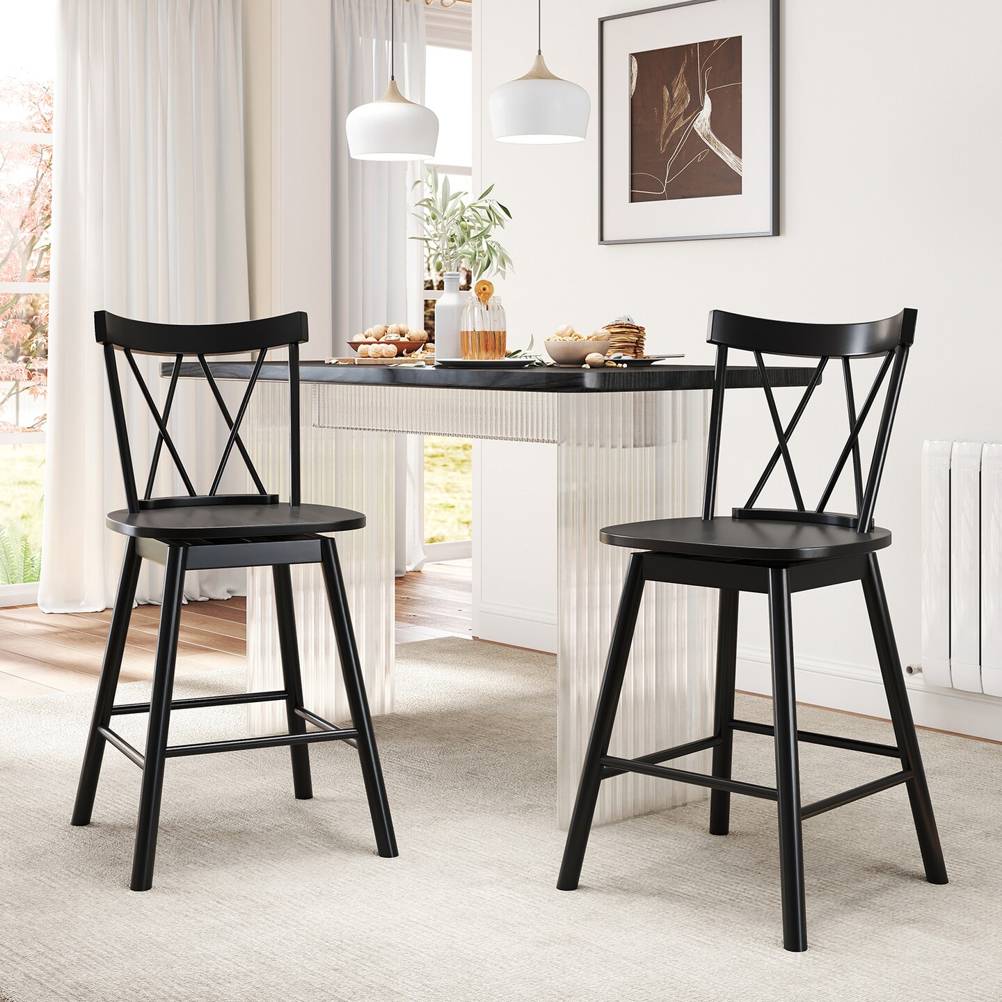 Set of 2 Windsor Bar Stools with Rubber Wood Frame and Footrests for Support