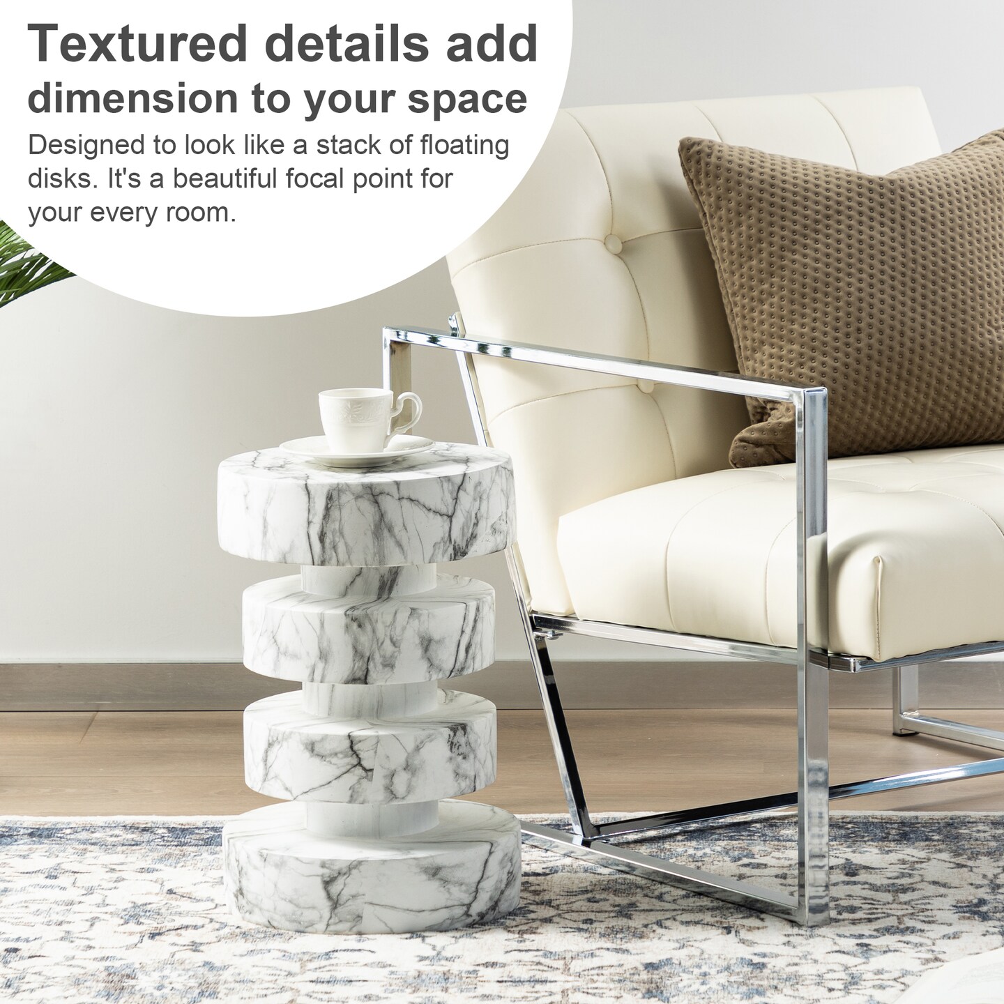 18&#x22;H Modern MGO Faux Marble Floating Disks Side Table or Accent Stool