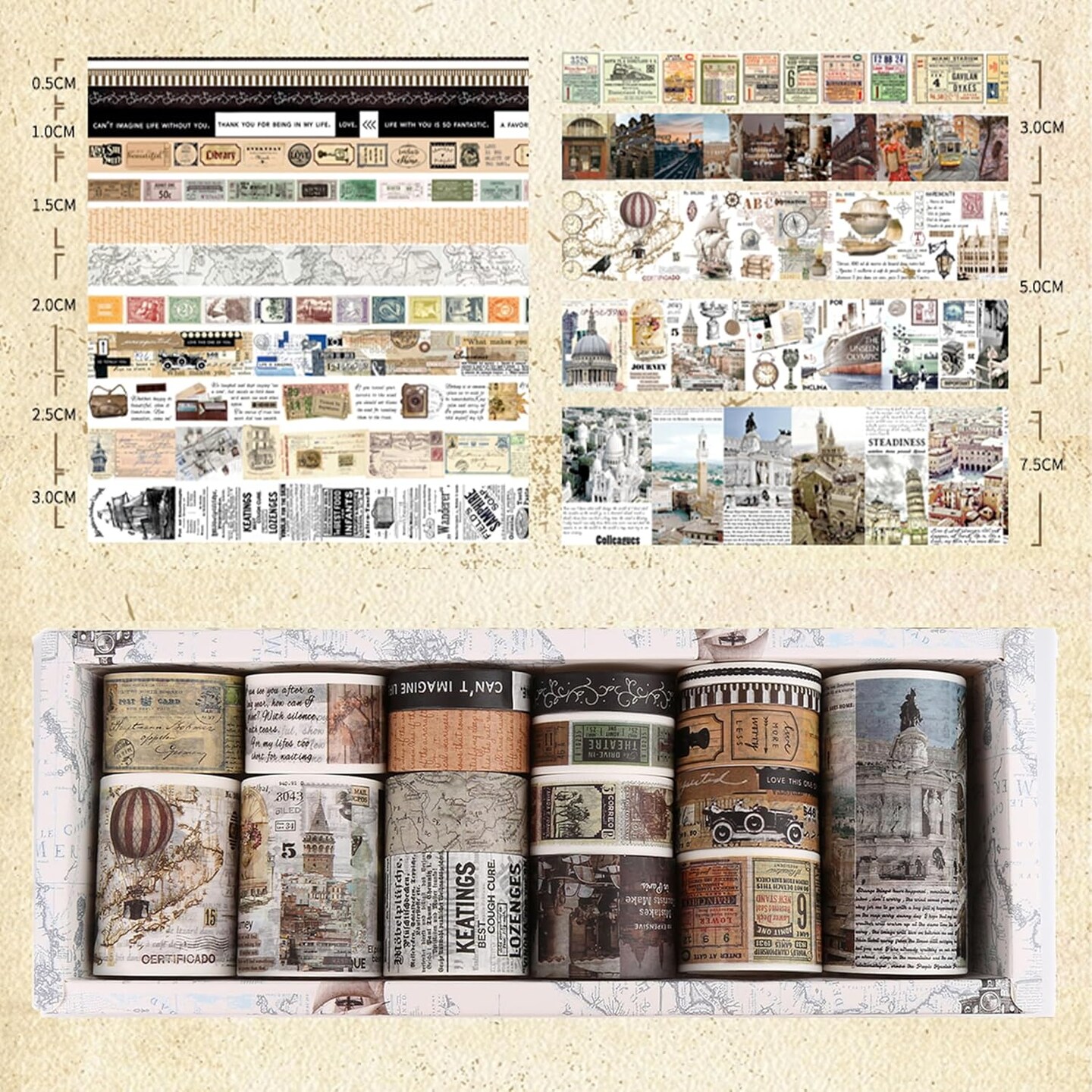 18 Rolls Vintage Washi Tape - (Travel The World)