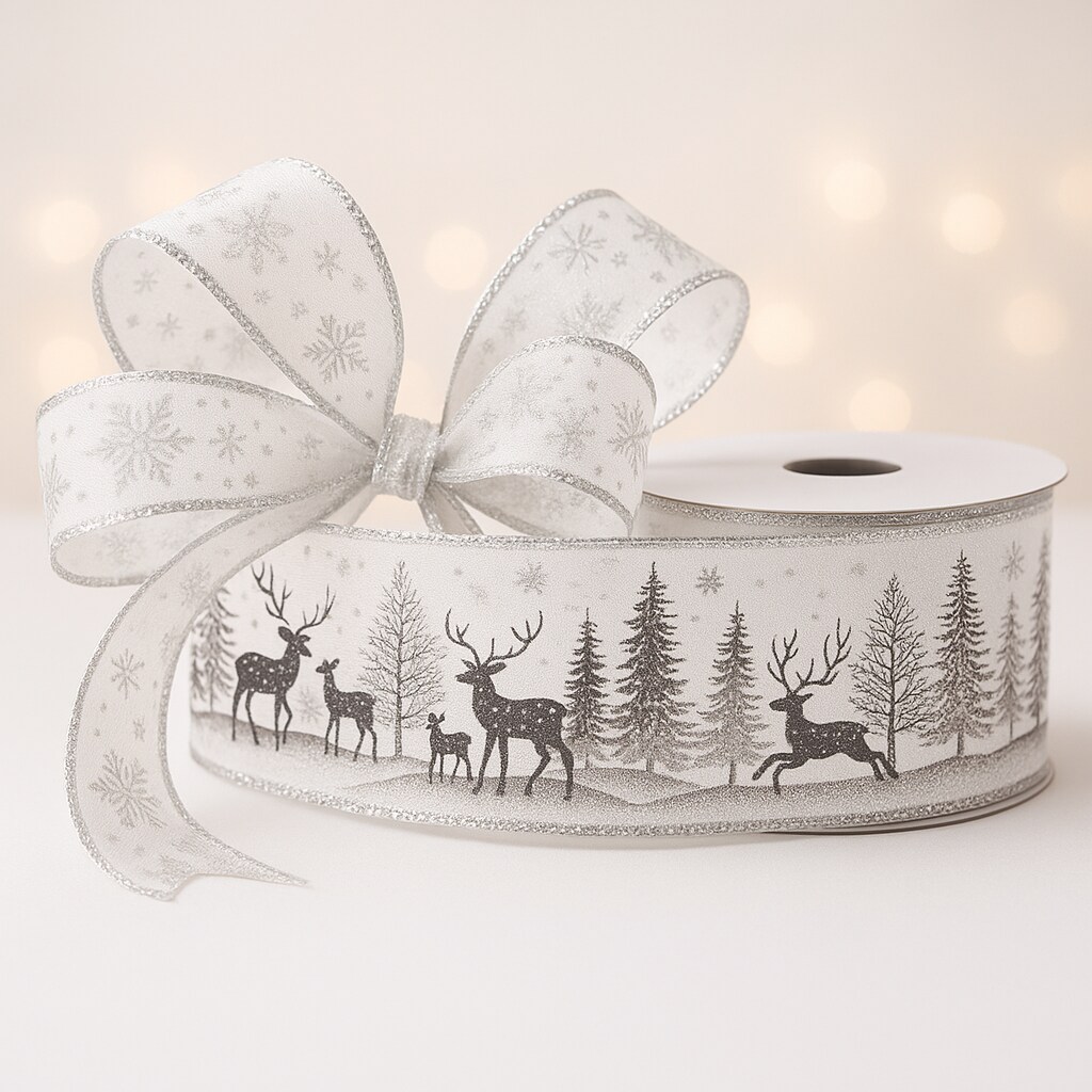 Designer&#x2019;s Shop WR 63-5206 Winter Forest Reindeer Wired Edge Ribbon &#x2013; 2.5&#x22; x 10 Yards &#x2013; Snowy Deer Scene on White &#x2013; Christmas Craft, Wreath &#x26; Gift Wrapping Decoration