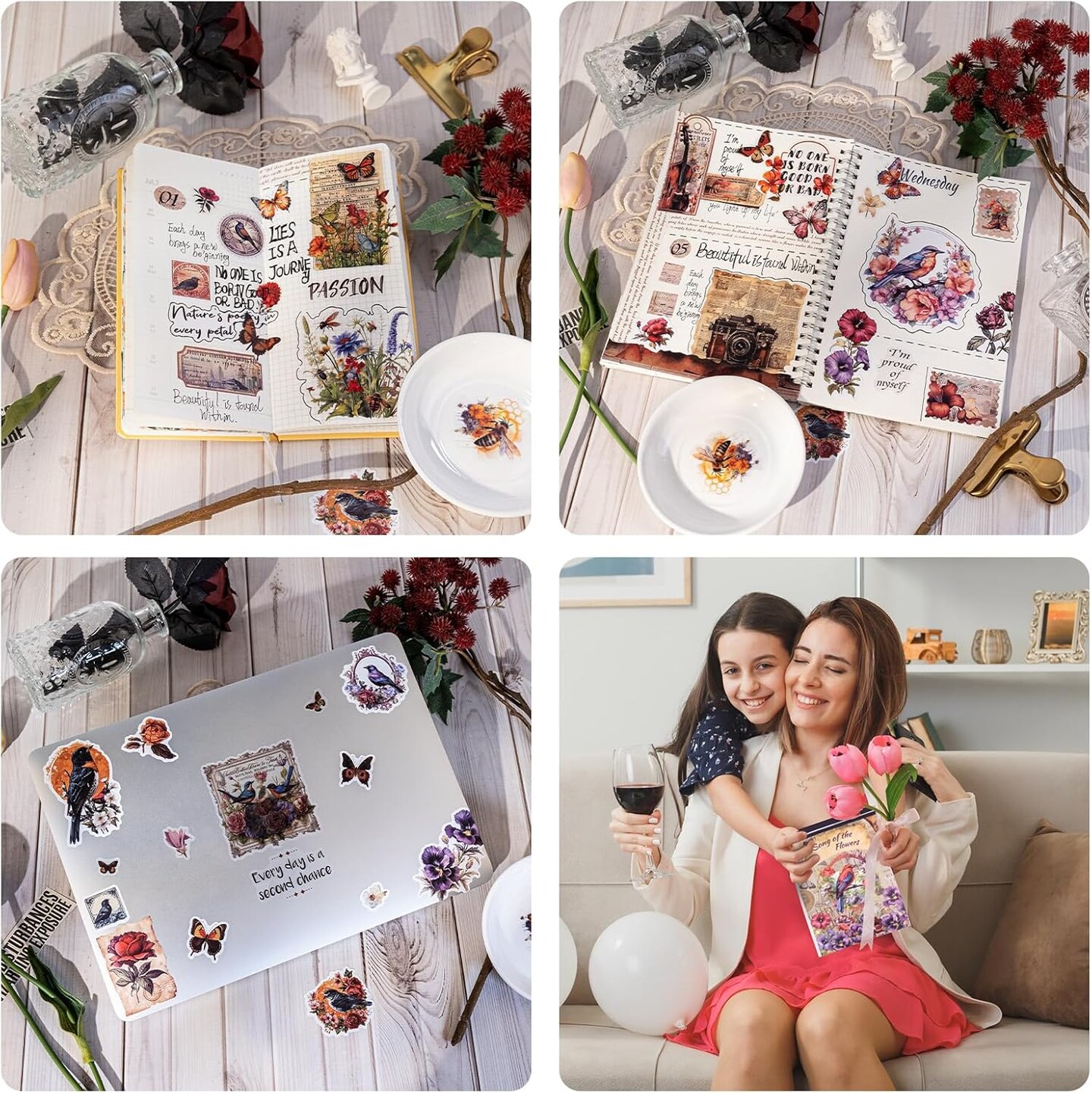 177 Pre-Cut Vintage Flower and Bird Scrapbook Sticker (Purple) 8.1 x 5.7 x 0.2 inches