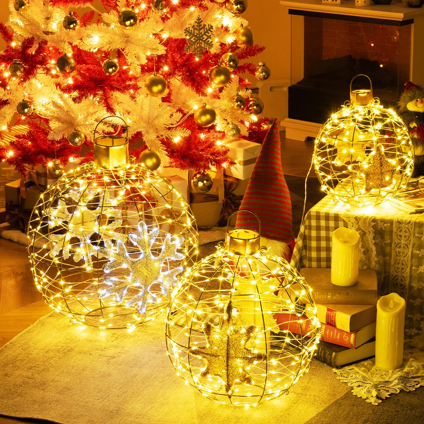 Gold Pre Lit Christmas Lantern Balls Set of 3 with LED Lights and Hooks
