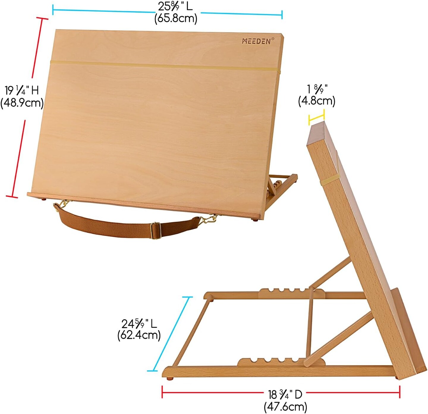 MEEDEN Large Studio Artist Drawing & Sketching Board, Adjustable Beechwood A2 Sketchboard for Students, Beginners & Artist- Wood Desktop Easel Board with a shoulder strap, 25-5/8" X 19"