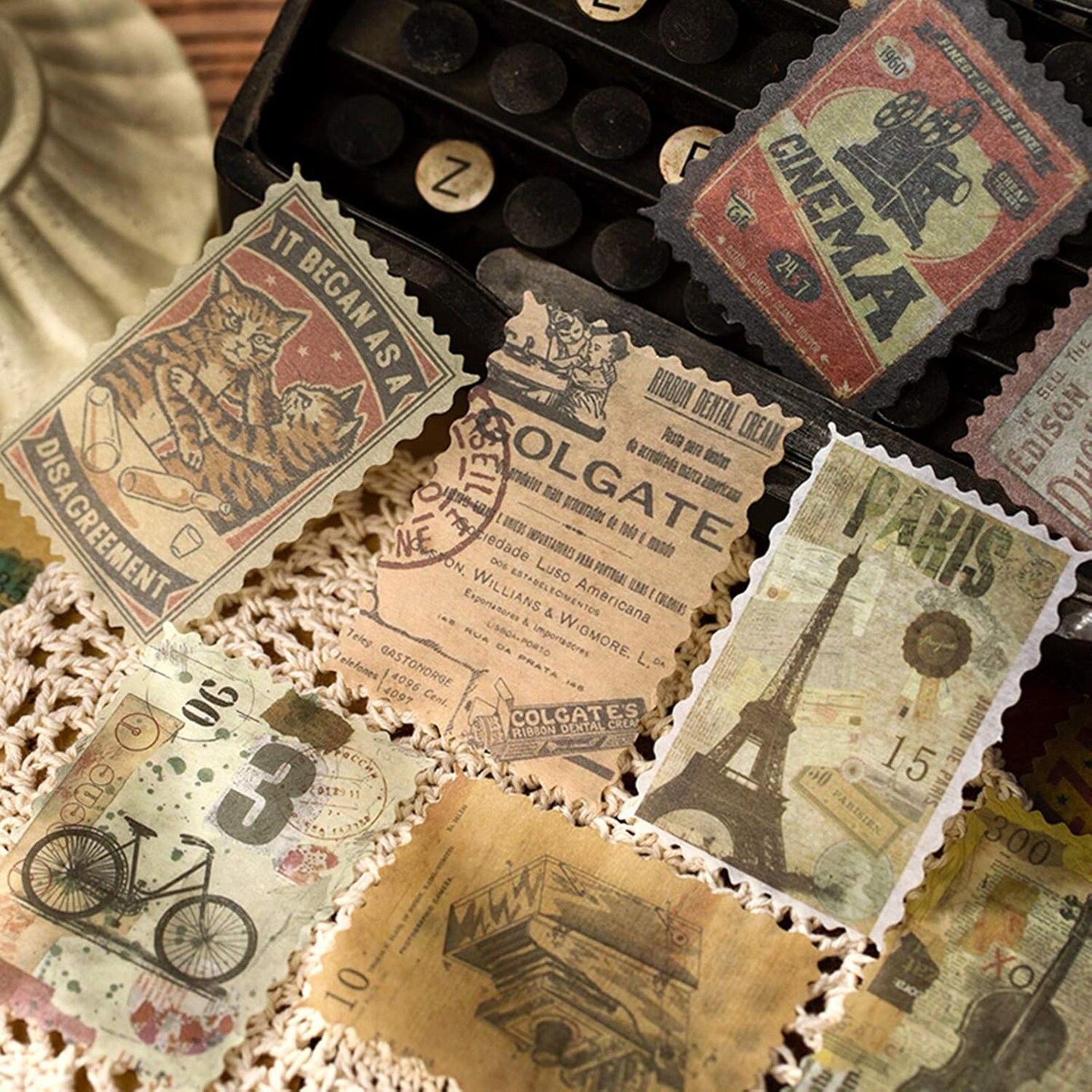 60pcs Vintage Scrapbook Stamp Stickers - Modern Time