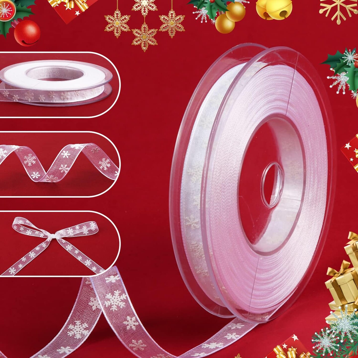 Narrow White Snowflake Christmas Ribbon