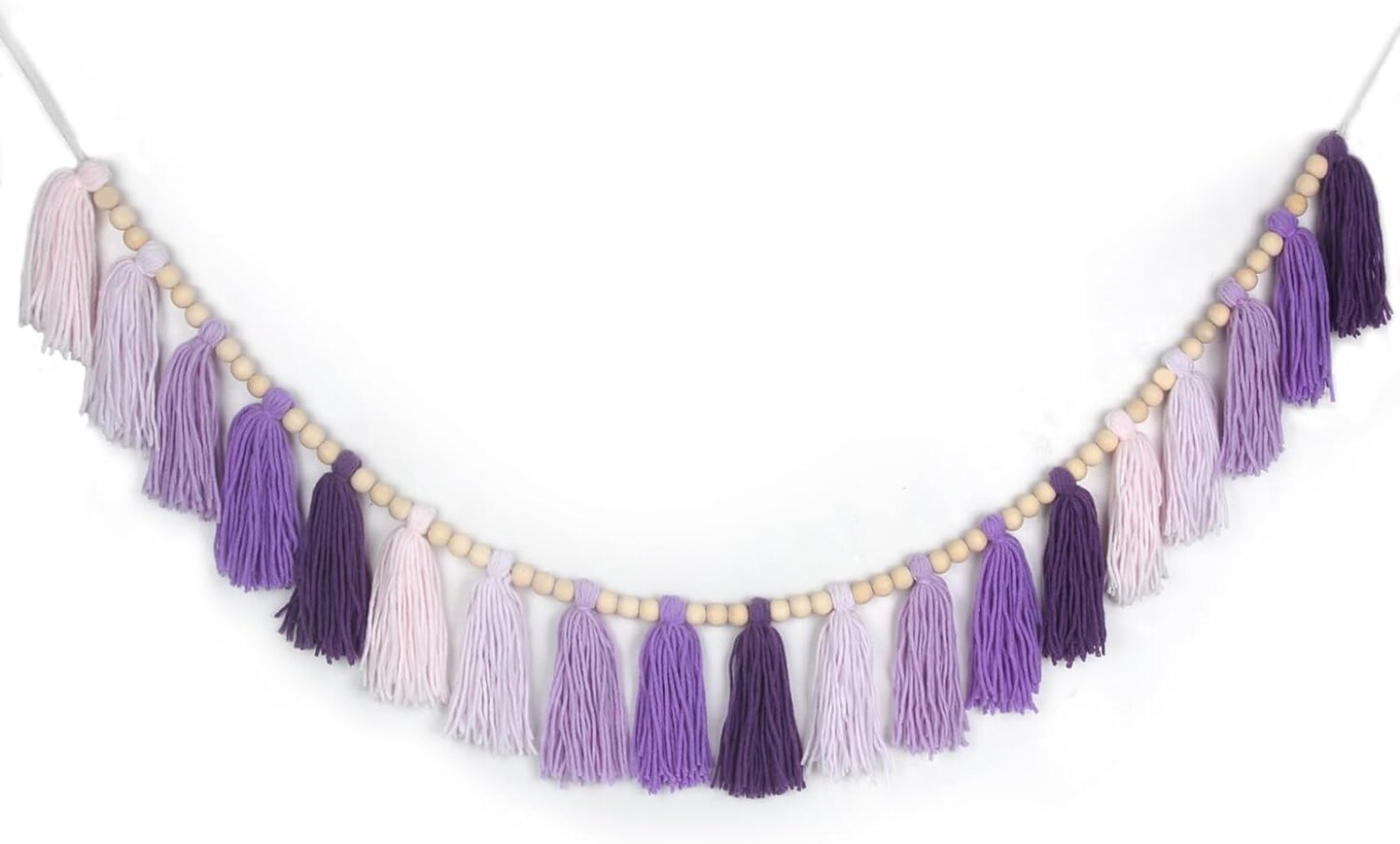 Purple Yarn Wood Bead Tassel Garland Wall Hanging Decor Boho Lavender Banner Tassels for Classroom Baby Shower Birthday Party Nursery Girls Dorm Room Bedroom Wedding Decorations