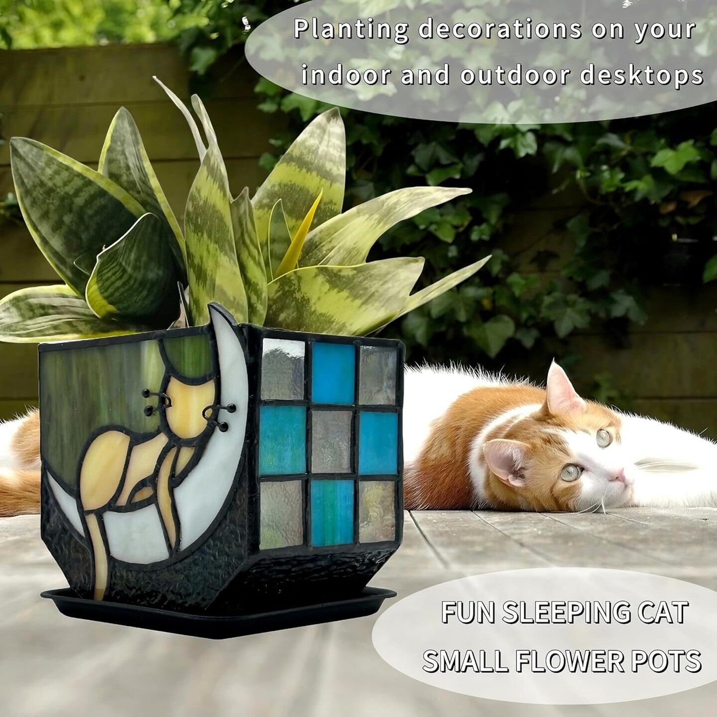 Stained Glass Moon Sleeping Cat Planter - 4.6x3x5.15 Inches (Yellow-Green)