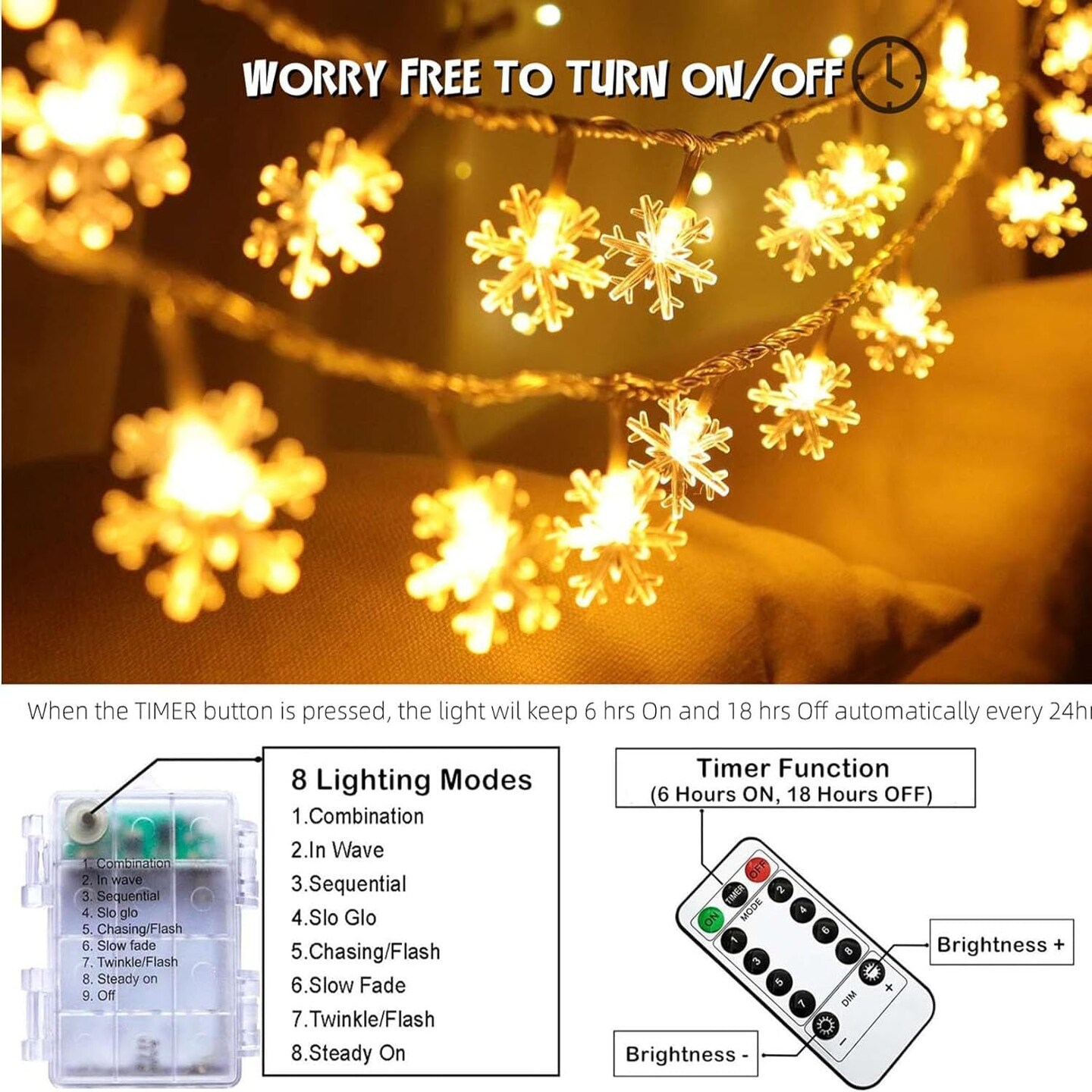 Christmas Snowflake Lights - 20ft 40LED 8 Modes &#x26; Timer (Warm White)